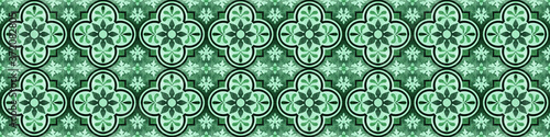 Seamless dark green vintage retro geometric square mosaic motif cement tiles with flower leaves print texture background banner panorama