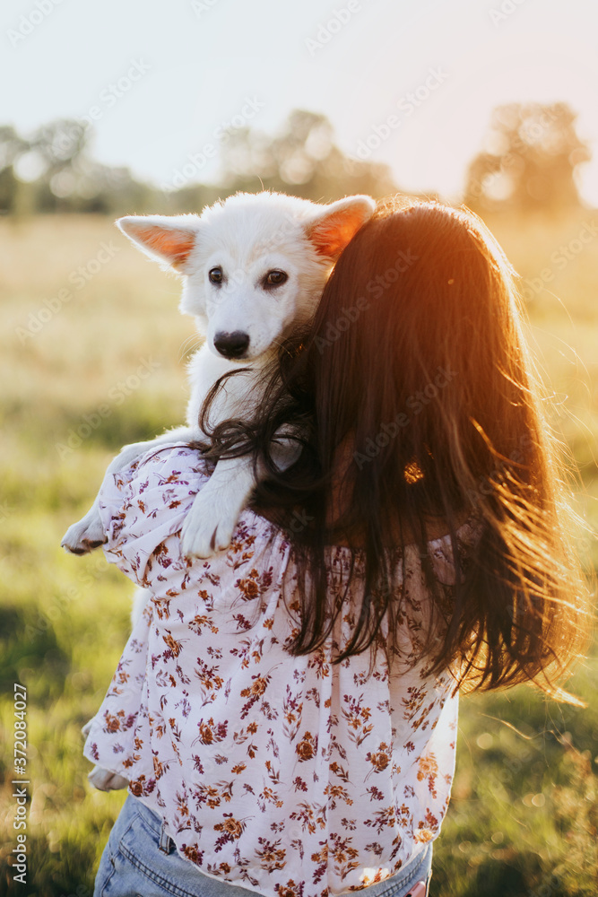 Fototapeta premium Stylish young woman hugging cute white puppy in warm sunset light in summer meadow. Happy girl holding adorable fluffy puppy. Beautiful atmospheric moment. Adoption concept.