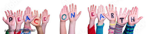 Children Hands Building Quote Peace On Earth, Isolated Background