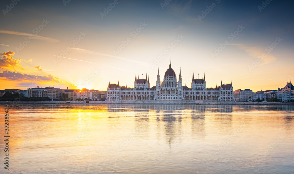 Hungarian Parliament in a fantastic colorful sunset, Budapest, Hungary