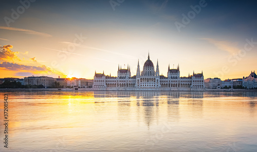 Hungarian Parliament in a fantastic colorful sunset  Budapest  Hungary