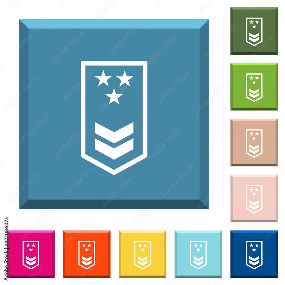 Military insignia with two chevrons and three stars white icons on edged square buttons Military insignia with two chevrons and three stars white icons on edged square buttons