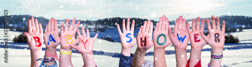 Children Hands Building Word Baby Shower, Snowy Winter Background