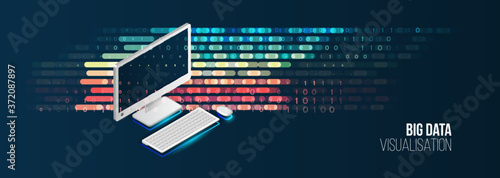 Big data visualization banner. Abstract background with lines array and binary code. Connection structure. Data array visual concept for website. Big data connection complex.