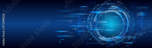 Hi-tech vector illustration with various technology elements. Wide Cyber security internet and networking concept. Abstract global sci fi concept. Digital internet communication on blue background