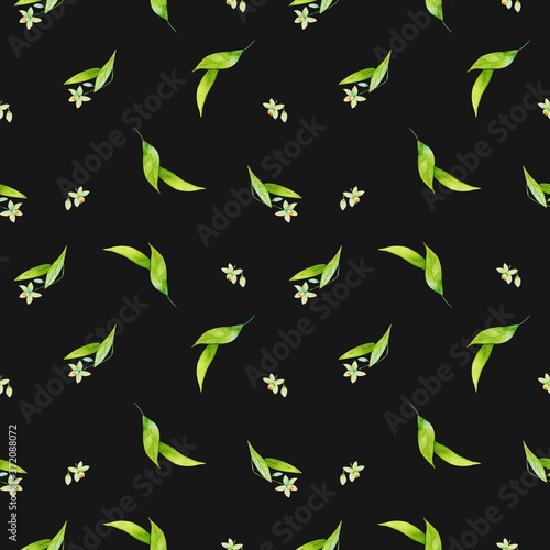 Watercolor Seamless pattern with citrus flowers on a dark background, leaves background. Hand drawn illustration for summer romantic cover, tropical wallpaper, prints for the kitchen, Sicilian style