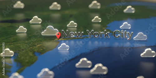 Cloudy weather icons near New York City on the map, weather forecast related 3D rendering