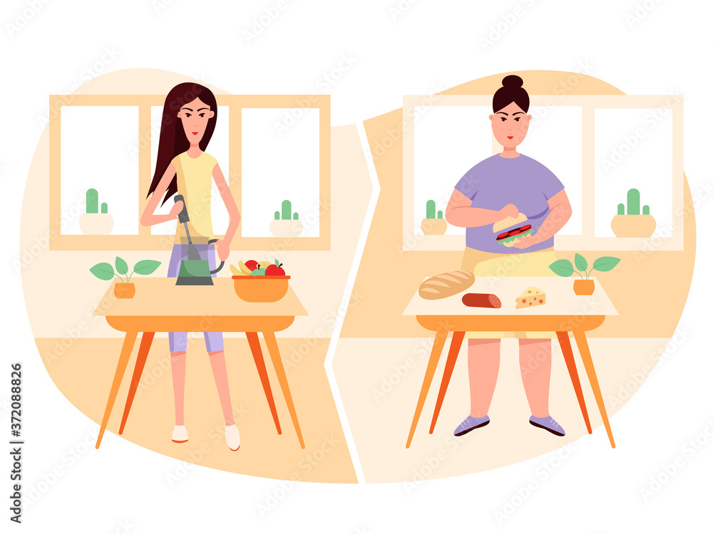 Healthy and unhealthy lifestyle. Vegetables vs burger. Vector flat color illustration