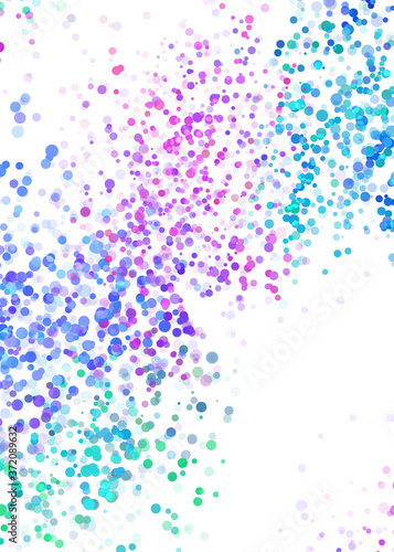 colorful abstract paint spatter or spray on white background in blue green pink and purple color splash, paint spots and dots are sprinkled like glitter sparkle overlay in party invitation design