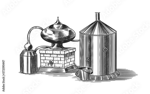Distilled alcohol. Device for preparing tequila, cognac and spirits. Engraved hand drawn vintage sketch. Woodcut style. Vector illustration for menu or poster.