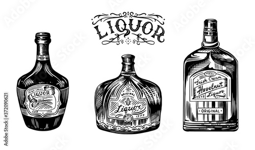 Liquor in a glass bottle. Alcoholic beverage or strong drink. Dessert wine and Retro label. Engraved hand drawn vintage sketch. Woodcut style. Vector illustration for menu or poster.