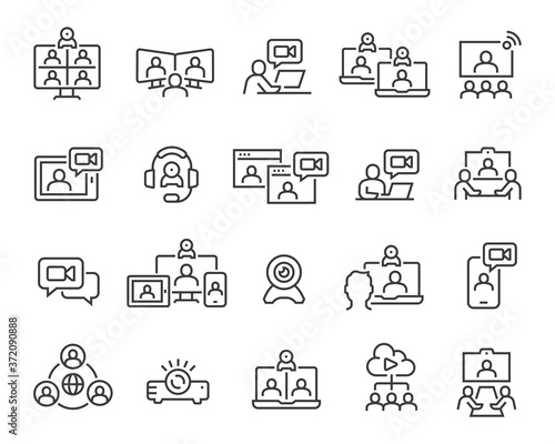Video Conference Icons Set. Collection of linear simple web icons such Video Сommunication with People at a Distance Using Devices, Headphone, Camera, Projector icon, Video communication and others