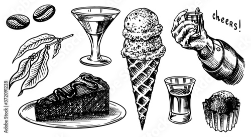 Liqueur dessert. Hand with a glass shot. Cheers toast. Ice cream and cake, glass with alcoholic drink. Engraved hand drawn vintage sketch. Woodcut style. Vector illustration for menu or poster.