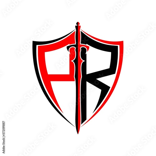 initials P R Shield Armor Sword for logo design inspiration