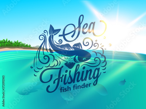 Sea Fishing labels on nature vector background. Vector illustration design graphic element, emblem, logo