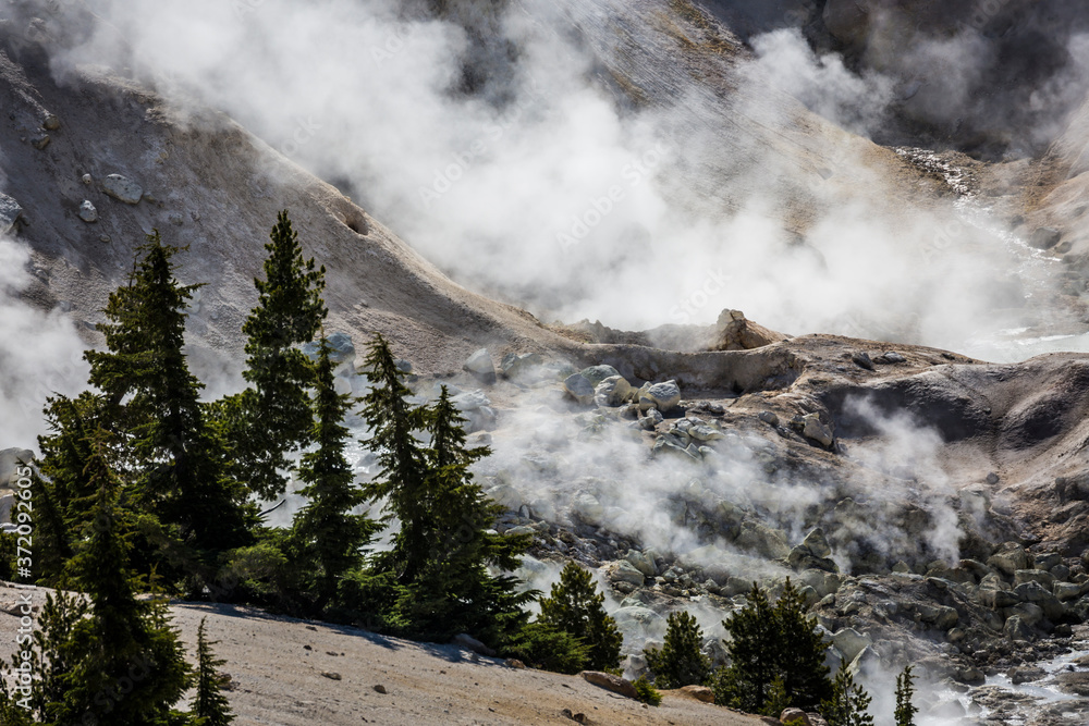 Landscape view of the geothermal features of Bumpass Hell in Lassen Volcanic National Park (California). Landscape view of the geothermal features of Bumpass Hell in Lassen Volcanic National Park (California).