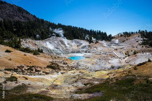Landscape view of the geothermal features of Bumpass Hell in Lassen Volcanic National Park (California).