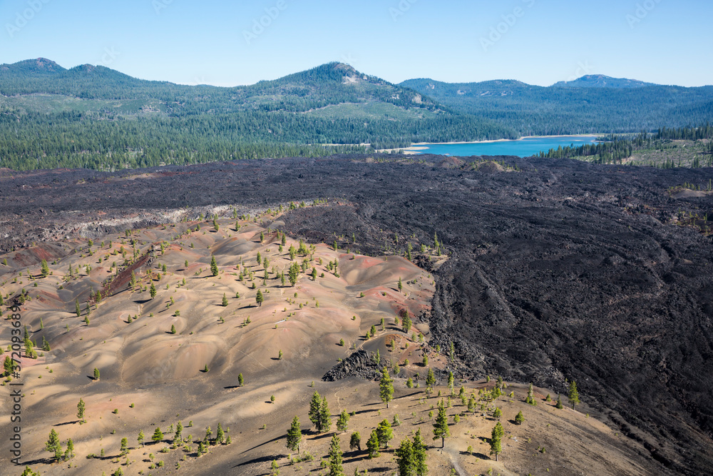 Landscape view of the Fantastic Lava Beds as seen from the top of the Cinder Cone in Lassen Volcanic National Park (California).