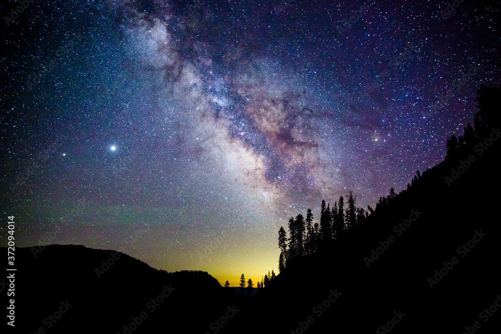The Milky Way rising over the landscape of Lassen Volcanic National Park in California.