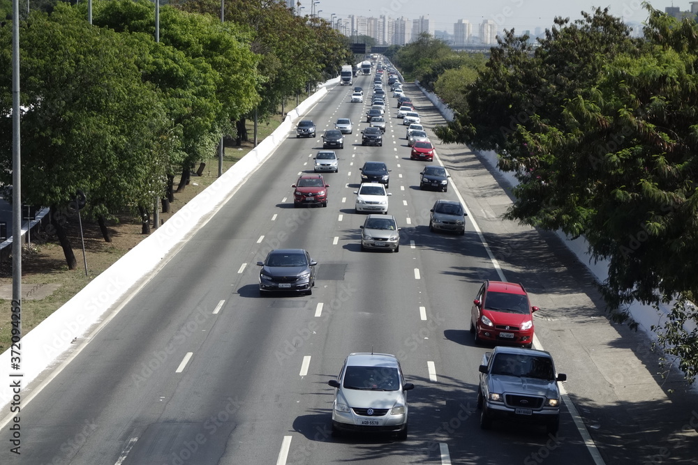 intense flow of vehicles on the marginal Tiete freeway in Sao Paulo, Brazil