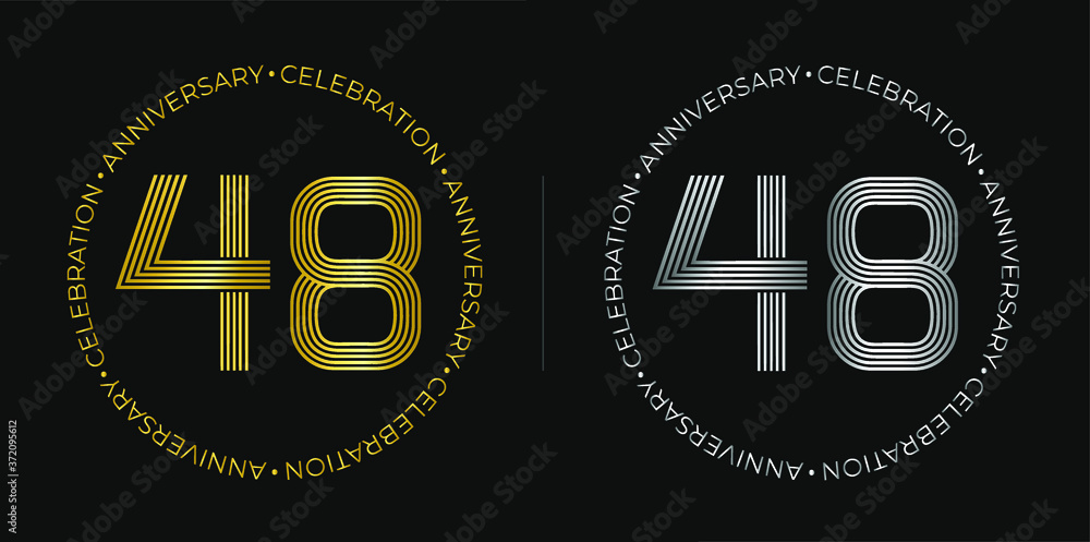 Obraz premium 48th birthday. Forty-eight years anniversary celebration banner in golden and silver colors. Circular logo with original numbers design in elegant lines.