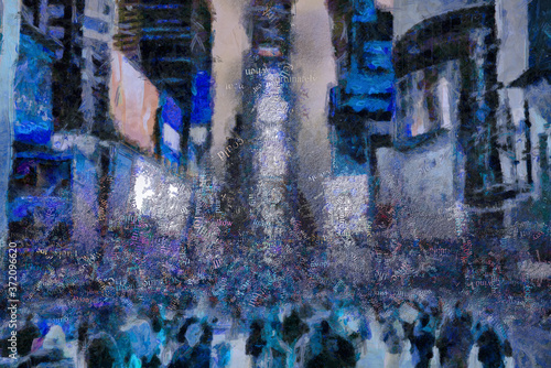 Abstract artwork. Time Square. Words cloud. 3D rendering