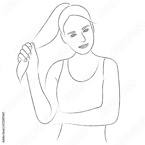 Sketch of a girl with ponytail hairstyle, portrait of a happy girl