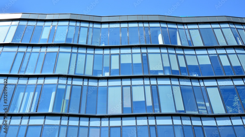 Obraz premium Glass curtain wall of modern office building. Modern office building on a clear sky background.