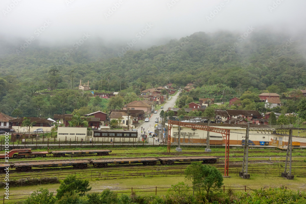 historic village of Paranapiacaba under fog. old railway station. Santo Andre, Brazil