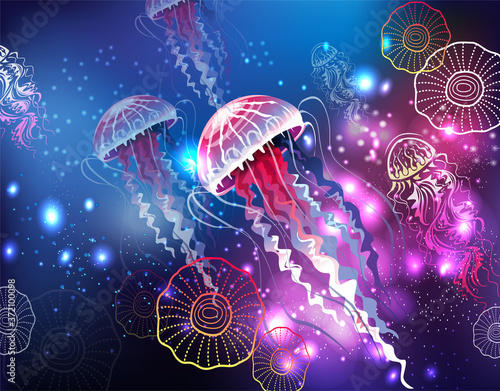 Background with Glowing vivid jellyfishes