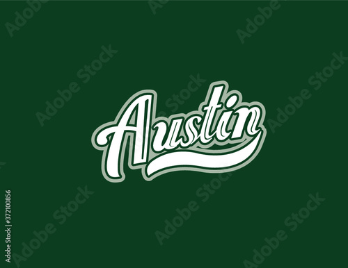 Austin name art designed in a white and gray athletic script with spartan green background. Great for personalization.