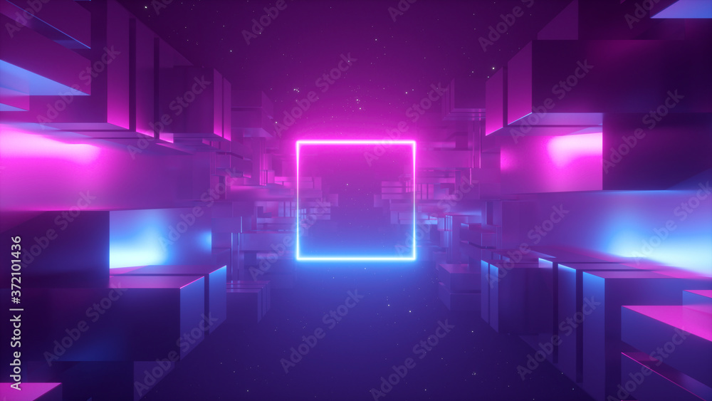 Obraz premium 3d render, abstract geometric background, futuristic concept, pink blue neon light, ultraviolet, glowing square shape, copy space, cosmos.