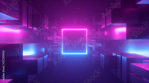 Photographie 3d render, abstract geometric background, futuristic concept, pink blue neon light, ultraviolet, glowing square shape, copy space, cosmos