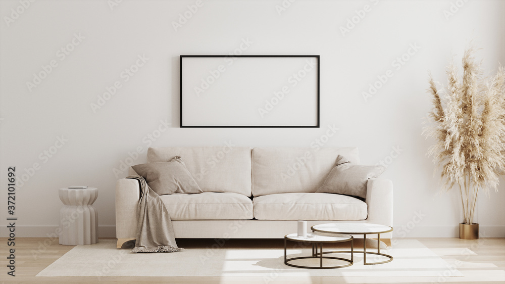 Blank horizontal poster frame mock up in scandinavian style living room  interior, modern living room interior background, beige sofa and pampas  grass, 3d rendering Stock Illustration | Adobe Stock