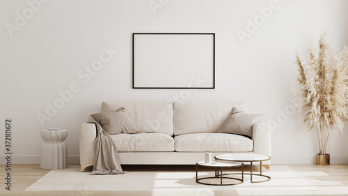 Blank horizontal poster frame mock up in  scandinavian style living room interior, modern living room interior background, beige sofa and pampas grass, 3d rendering