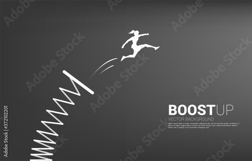 Silhouette of businesswoman jump higher with springboard. Concept of boost and growth in business.