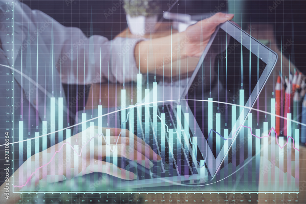 Double exposure of woman hands typing on computer and forex chart hologram drawing. Stock market invest concept. Double exposure of woman hands typing on computer and forex chart hologram drawing. Stock market invest concept.