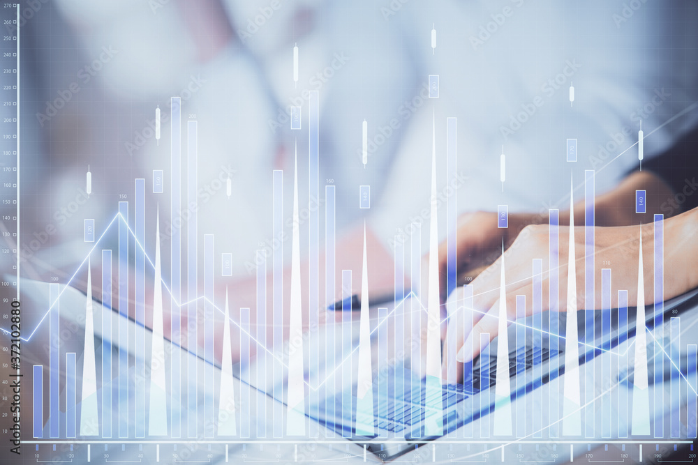 Double exposure of woman hands typing on computer and forex chart hologram drawing. Stock market invest concept. Double exposure of woman hands typing on computer and forex chart hologram drawing. Stock market invest concept.
