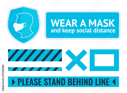 Wear a mask. Please get behind the line. Blue sticker on the floor and door. For shopping centers, schools, hospitals, elevators. The distance band to keep the queue.