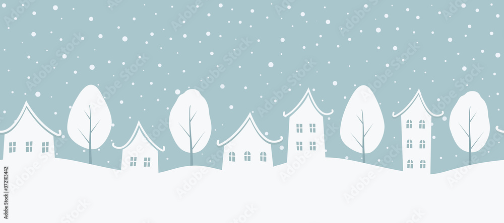Christmas background. Winter landscape. Seamless border. There are white houses and trees on a gray blue background. Winter village. Vector illustration
