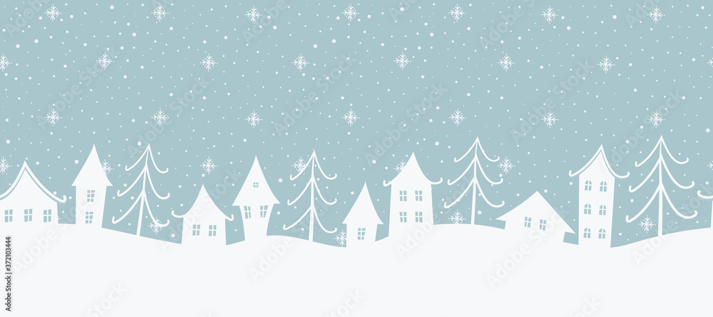 Christmas background. Winter landscape. Seamless border. There are white houses and fir trees on a gray blue background. Winter village. Vector illustration