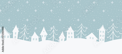 Christmas background. Winter landscape. Seamless border. There are white houses and fir trees on a gray blue background. Winter village. Vector illustration