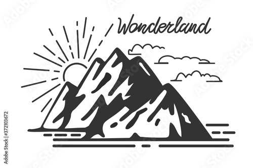vintage mountains and retro lettering wonderland vector illustration typography artwork