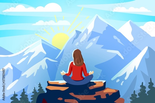 woman and yoga meditation and retreat in the mountains vector illustration