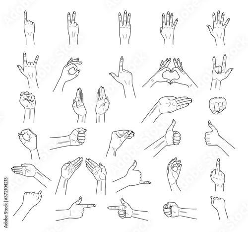 Different outline hands gestures with interpretations of various emotions and signs. Hand drawn sketch isolated on a white. Vector illustration.