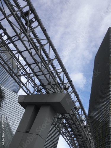 Tram line tracks among modern buildings