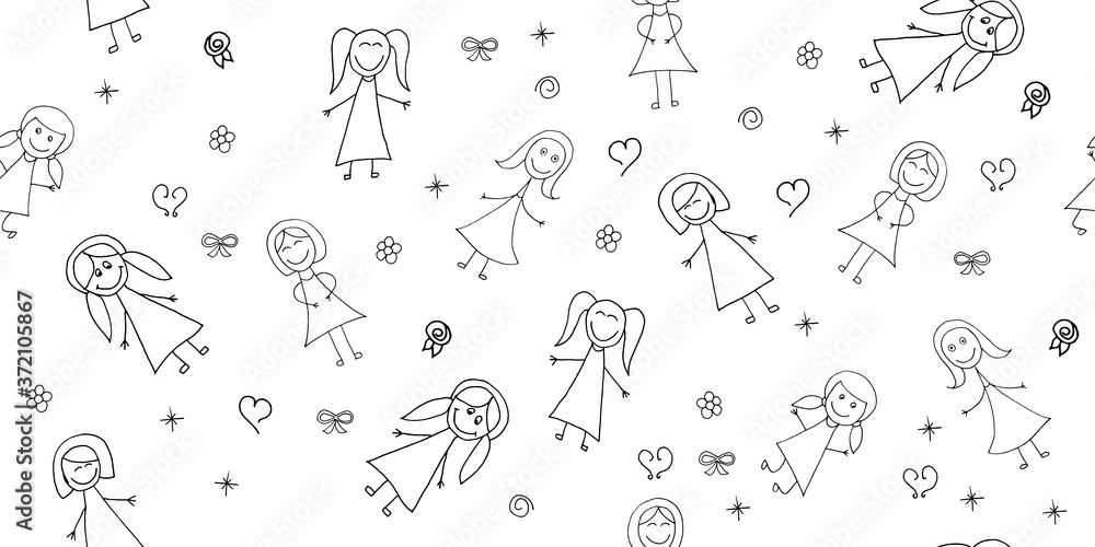 Vector illustration, seamless pattern of kids elements for girls, contours, doodling for paper design, fabric, interior