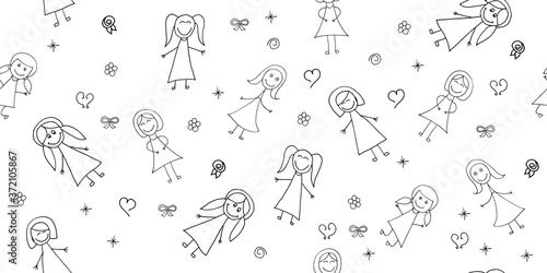 Vector illustration, seamless pattern of kids elements for girls, contours, doodling for paper design, fabric, interior