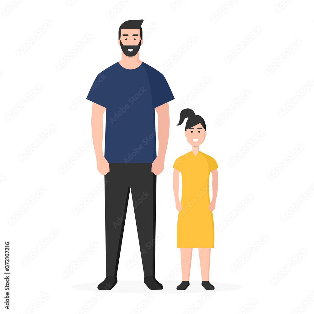 Familia. Familia moderna. Padre e hija. Concepto de seguro médico familiar. Ilustración vectorial estilo plano aislado en fondo blanco