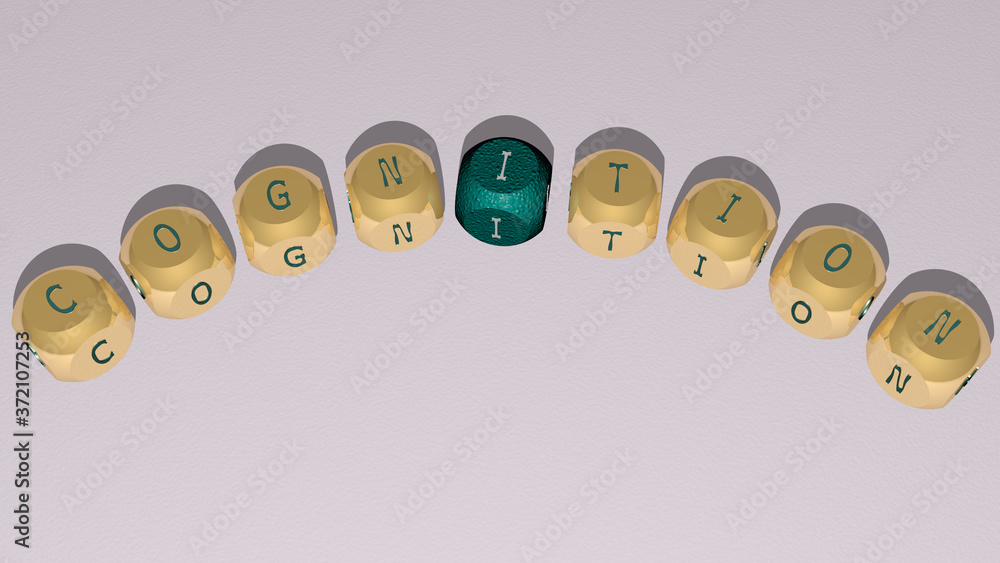 COGNITION text of dice letters with curvature, 3D illustration for concept and brain COGNITION text of dice letters with curvature, 3D illustration for concept and brain
